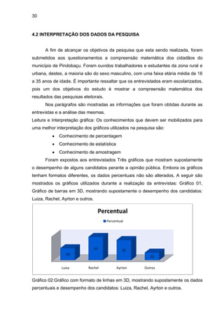 30



4.2 INTERPRETAÇÃO DOS DADOS DA PESQUISA


      A fim de alcançar os objetivos da pesquisa que esta sendo realizada, foram
submetidos aos questionamentos a compreensão matemática dos cidadãos do
município de Pindobaçu. Foram ouvidos trabalhadores e estudantes da zona rural e
urbana, destes, a maioria são do sexo masculino, com uma faixa etária média de 16
a 35 anos de idade. É importante ressaltar que os entrevistados eram escolarizados,
pois um dos objetivos do estudo é mostrar a compreensão matemática dos
resultados das pesquisas eleitorais.
      Nos parágrafos são mostradas as informações que foram obtidas durante as
entrevistas e a análise das mesmas.
Leitura e Interpretação gráfica: Os conhecimentos que devem ser mobilizados para
uma melhor interpretação dos gráficos utilizados na pesquisa são:
             Conhecimento de percentagem
             Conhecimento de estatística
             Conhecimento de amostragem
      Foram expostos aos entrevistados Três gráficos que mostram supostamente
o desempenho de alguns candidatos perante a opinião pública. Embora os gráficos
tenham formatos diferentes, os dados percentuais não são alterados, A seguir são
mostrados os gráficos utilizados durante a realização da entrevistas: Gráfico 01,
Gráfico de barras em 3D, mostrando supostamente o desempenho dos candidatos:
Luiza, Rachel, Ayrton e outros.

                                   Percentual
                                       Percentual




                                  37            32
                 19
                                                          12


              Luiza         Rachel          Ayrton     Outros


Gráfico 02:Gráfico com formato de linhas em 3D, mostrando supostamente os dados
percentuais e desempenho dos candidatos: Luiza, Rachel, Ayrton e outros.
 