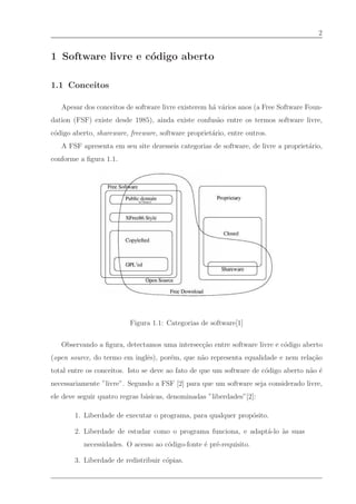 2


1 Software livre e c´digo aberto
                    o

1.1 Conceitos

   Apesar dos conceitos de software livre existerem h´ v´rios anos (a Free Software Foun-
                                                     a a
dation (FSF) existe desde 1985), ainda existe confus˜o entre os termos software livre,
                                                    a
c´digo aberto, shareware, freeware, software propriet´rio, entre outros.
 o                                                   a
   A FSF apresenta em seu site dezesseis categorias de software, de livre a propriet´rio,
                                                                                    a
conforme a ﬁgura 1.1.




                          Figura 1.1: Categorias de software[1]


   Observando a ﬁgura, detectamos uma intersec¸˜o entre software livre e c´digo aberto
                                              ca                          o
(open source, do termo em inglˆs), por´m, que n˜o representa equalidade e nem rela¸˜o
                              e       e        a                                  ca
total entre os conceitos. Isto se deve ao fato de que um software de c´digo aberto n˜o ´
                                                                      o             a e
necessariamente ”livre”. Segundo a FSF [2] para que um software seja considerado livre,
ele deve seguir quatro regras b´sicas, denominadas ”liberdades”[2]:
                               a

       1. Liberdade de executar o programa, para qualquer prop´sito.
                                                              o

       2. Liberdade de estudar como o programa funciona, e adapt´-lo `s suas
                                                                a    a
          necessidades. O acesso ao c´digo-fonte ´ pr´-requisito.
                                     o           e e

       3. Liberdade de redistribuir c´pias.
                                     o
 