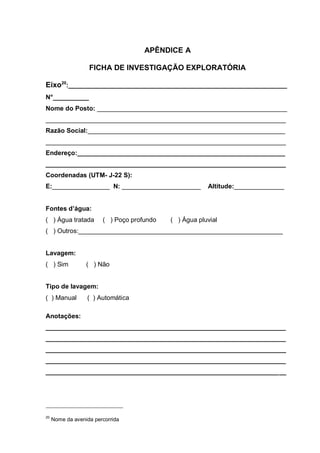 APÊNDICE A

                   FICHA DE INVESTIGAÇÃO EXPLORATÓRIA

Eixo20:_____________________________________________________________
N°__________
Nome do Posto: _____________________________________________________
___________________________________________________________________
Razão Social:_______________________________________________________
___________________________________________________________________
Endereço:__________________________________________________________
___________________________________________________________________
Coordenadas (UTM- J-22 S):
E:________________ N: ______________________            Altitude:______________


Fontes d’água:
( ) Água tratada        ( ) Poço profundo   ( ) Água pluvial
( ) Outros:_________________________________________________________


Lavagem:
( ) Sim           ( ) Não


Tipo de lavagem:
( ) Manual        ( ) Automática

Anotações:
___________________________________________________________________
___________________________________________________________________
___________________________________________________________________
___________________________________________________________________
___________________________________________________________________




20
     Nome da avenida percorrida
 
