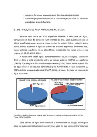 não deve favorecer o aparecimento de eflorescências de sais;
              não deve propiciar infecções ou a contaminação por vírus ou bactérias
              prejudiciais à saúde humana.


3.1 DISTRIBUIÇÃO DE ÁGUA NO MUNDO E NO BRASIL


       Sabe-se que cerca de 70% superfície terrestre é composta de água,
perfazendo um total de cerca de 1.386 milhões de km³. Essa quantidade não se
altera significativamente, embora possa mudar de estado físico, variando entre
sólido, líquido e gasoso. A água do planeta se encontra espalhada em mares, rios,
lagos, geleiras, aquíferos, no ar atmosférico, incorporada nos seres vivos e nos
objetos (CLARKE; KING, 2005).
       A maior parte dessa água, aproximadamente, 97,5% é salgada. Menos de
2,5% é doce e está distribuída entre as calotas polares (68,9%), os aqüíferos
(29,9%), rios e lagos (0,3%), e outros reservatórios (0,9%). Desta forma, apenas 1%
da água doce é um recurso aproveitável pela humanidade, o que representa 0,
007% de toda a água do planeta (HIRATA, 2008). A figura 6 mostra os volumes de
água no mundo.




FIGURA 6 – Gráfico do volume total de água no mundo e volume total de água doce no mundo
Fonte: (HIRATA, 2008).


       Essa parcela de água doce acessível à humanidade no estágio tecnológico
atual e a custos compatíveis com seus diversos usos é o que se denomina “recursos
 