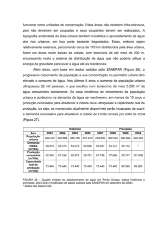 funcionar como unidades de conservação. Estas áreas não recebem infra-estrutura,
pois não deveriam ser ocupadas e seus ocupantes devem ser realocados. A
topografia acidentada da área urbana também inviabiliza o aproveitamento de água
dos rios urbanos, em boa parte bastante degradados. Estes, embora sejam
relativamente extensos, percorrendo cerca de 170 km distribuídos pela área urbana,
ficam em áreas muito baixas da cidade, com desníveis de até mais de 200 m,
encarecendo muito o sistema de distribuição de água que não poderia utilizar a
energia da gravidade para levar a água até as residências.
       Além disso, com base em dados cedidos pela SANEPAR (Figura 26), o
progressivo crescimento da população e sua concentração no perímetro urbano têm
elevado o consumo de água. Nos últimos 6 anos o aumento da população urbana
ultrapassou 22 mil pessoas, o que resultou num acréscimo de mais 5.200 m³ de
água consumidos diariamente. Se essa tendência de crescimento da população
urbana e acréscimo na demanda de água se mantiverem, em menos de 15 anos a
produção necessária para abastecer a cidade deve ultrapassar a capacidade real de
produção, ou seja, os mananciais atualmente disponíveis serão incapazes de suprir
a demanda necessária para abastecer a cidade de Ponta Grossa por volta de 2024
(Figura 27).

                                   Histórico                                 Previsões
      Ano        2003     2004       2005       2006      2007      2008       2009       2024
  População
               284.412   282.888   285.780     291.470   294.699   300.593    306.604    420.264
    urbana
   Demanda
     média      48.875   53.310     54.075     53.666    54.097    53.727     54.112        *
    (m³/dia)
   Produção
  necessária    52.045   67.534     62.973     56.761    67.749    57.646     58.317     101.699
    (m³/dia)
  Capacidade
     real de
                73.440   73.440     73.440     73.440    73.440    73.440     99.360     99.360
   produção
    (m³/dia)


FIGURA 26 – Quadro síntese do abastecimento de água em Ponta Grossa, dados históricos e
previsões, 2003-2024 (modificado de dados cedidos pela SANEPAR em setembro de 2008).
* dados não disponíveis.
 