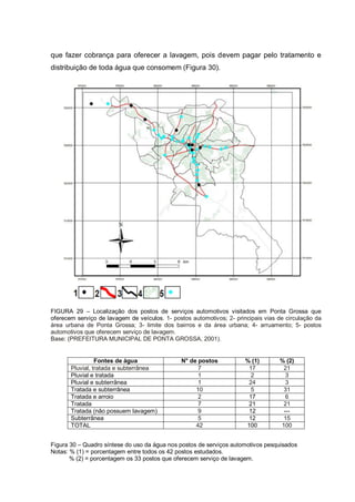 que fazer cobrança para oferecer a lavagem, pois devem pagar pelo tratamento e
distribuição de toda água que consomem (Figura 30).




FIGURA 29 – Localização dos postos de serviços automotivos visitados em Ponta Grossa que
oferecem serviço de lavagem de veículos. 1- postos automotivos; 2- principais vias de circulação da
área urbana de Ponta Grossa; 3- limite dos bairros e da área urbana; 4- arruamento; 5- postos
automotivos que oferecem serviço de lavagem.
Base: (PREFEITURA MUNICIPAL DE PONTA GROSSA, 2001).


                 Fontes de água                N° de postos            % (1)       % (2)
       Pluvial, tratada e subterrânea                7                  17          21
       Pluvial e tratada                             1                   2           3
       Pluvial e subterrânea                         1                  24           3
       Tratada e subterrânea                        10                   5          31
       Tratada e arroio                              2                  17           6
       Tratada                                       7                  21          21
       Tratada (não possuem lavagem)                 9                  12          ---
       Subterrânea                                   5                  12          15
       TOTAL                                        42                 100         100


Figura 30 – Quadro síntese do uso da água nos postos de serviços automotivos pesquisados
Notas: % (1) = porcentagem entre todos os 42 postos estudados.
       % (2) = porcentagem os 33 postos que oferecem serviço de lavagem.
 