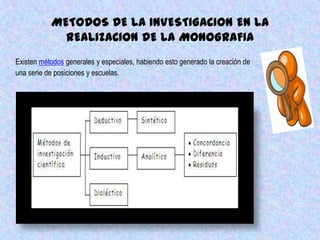METODOS DE LA INVESTIGACION EN LA
REALIZACION DE LA MONOGRAFIA
Existen métodos generales y especiales, habiendo esto generado la creación de
una serie de posiciones y escuelas.

 