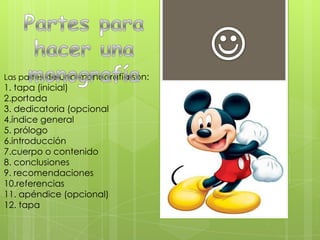 Las partes de una monografía son:
1. tapa (inicial)
2.portada
3. dedicatoria (opcional
4.índice general
5. prólogo
6.introducción
7.cuerpo o contenido
8. conclusiones
9. recomendaciones
10.referencias
11. apéndice (opcional)
12. tapa