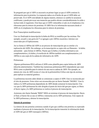 Se preguntó por qué el ARN es necesario en primer lugar ya que el ADN contiene la
información para la proteína. La respuesta radica en el hecho de que el ADN debe ser
preservado. Si el ADN está dañado de alguna manera, entonces se cambia la secuencia
codificante y puede provocar una mutación que podría afectar considerablemente la celda o
incluso todo el organismo. Esto hace que el ADN vulnerables si sale en el citoplasma a los
ribosomas para la síntesis de proteínas. El ARN lleva la información necesaria desde el
ADN en el citoplasma los ribosomas para la síntesis de proteínas.
Post-Transcription modificaciones
Una vez finalizada la transcripción la hebra de RNA se modifica por las enzimas. Por
ejemplo, un poli y una gorra de 5' se agregan a pre-ARNm eucariota e intrones son
removidos por el Espliceosoma.
Así se forma el ARNm del ADN es un proceso de transcripción que es similar a la
replicación del ADN. Sin embargo, en la transcripción se copia sólo un filamento – la hebra
antisentido – para formar el ARNm. Puesto que la hebra y la hebra informativa son
complementarios y la hebra y la molécula de ARNm también son complementarios y el
ARNm es una copia de la cadena de informativa de ADN.
Polimerasas
Algunos polimerasas RNA utilizan el ADN como plantilla para copiar hebras de ARN
(descrita anteriormente). También hay numerosas polimerasas RNA dependiente que usan
RNA como su plantilla para la síntesis de una nueva cadena de ARN. Por ejemplo, un
número de virus de ARN (como el virus de la poliomielitis) Utilice este tipo de enzimas
para replicar su material genético.
La polimerasa necesita saber dónde se comienzan a copiar el ADN. Esto es reconocido por
el sitio de promotor. Estos sitios son reconocidos por un factor llamado "SIGMA". Esto le
indica a la ADN polimerasa dependiente de ARN donde comenzar la transcripción. Una
vez que la ARN polimerasa ha sido dirigida al punto de inicio del gen por sigma, se libera
el factor sigma y la ARN polimerasa se realiza el proceso de transcripción.
Asimismo otro factor llamada "RHO" SIDA en terminar el proceso de transcripción. Hacia
el final, el factor rho se une al ARNm e interactúa con la ARN polimerasa. Esto separa de
la ARN polimerasa y detiene la transcripción.
Síntesis de proteinas
La síntesis de una proteína comienza cuando el gen que codifica esta proteína es expresado
mediante el proceso de la transcripción. En la transcripción transmite la información desde
el ADN del gen al ARN mensajero (ARNm).

 