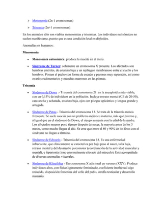 

Monosomía (2n-1 cromosomas)



Trisomía (2n+1 cromosomas)

En los animales sólo son viables monosomías y trisomías. Los individuos nulisómicos no
suelen manifestarse, puesto que es una condición letal en diploides.
Anomalías en humanos:
Monosomía
Monosomía autosómica: produce la muerte en el útero.
Síndrome de Turner: solamente un cromosoma X presente. Los afectados son
hembras estériles, de estatura baja y un repliegue membranoso entre el cuello y los
hombros. Poseen el pecho con forma de escudo y pezones muy separados, así como
ovarios rudimentarios y manchas marrones en las piernas.
Trisomía
Síndrome de Down .- Trisomía del cromosoma 21: es la aneuploidía más viable,
con un 0,15% de individuos en la población. Incluye retraso mental (C.I de 20-50),
cara ancha y achatada, estatura baja, ojos con pliegue apicántico y lengua grande y
arrugada.
Síndrome de Patau - Trisomía del cromosoma 13. Se trata de la trisomía menos
frecuente. Se suele asociar con un problema meiótico materno, más que paterno y,
al igual que en el síndrome de Down, el riesgo aumenta con la edad de la madre.
Los afectados mueren poco tiempo después de nacer, la mayoría antes de los 3
meses, como mucho llegan al año. Se cree que entre el 80 y 90% de los fetos con el
síndrome no llegan a término.
Síndrome de Edwards - Trisomía del cromosoma 18. Es una enfermedad
infrecuente, que clínicamente se caracteriza por bajo peso al nacer, talla baja,
retraso mental y del desarrollo psicomotor (coordinación de la actividad muscular y
mental), e hipertonía (tono anormalmente elevado del músculo). Está acompañada
de diversas anomalías viscerales.
Síndrome de Klinefelter - Un cromosoma X adicional en varones (XXY). Produce
individuos altos, con físico ligeramente feminizado, coeficiente intelectual algo
reducido, disposición femenina del vello del pubis, atrofia testicular y desarrollo
mamario.

 