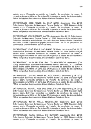 109
estério zoom. Entrevista concedida ao trabalho de conclusão de curso: A
comunicação comunitária em Santa Luz-BA: trajetórias e papéis da rádio santa Luz
FM na perspectiva da comunidade. Universidade do Estado da Bahia.
ENTREVISTADO JOSÉ NUNES DA SILVA NETO: depoimento [Out. 2013].
Entrevistador: Edisvânio do Nascimento Pereira. Santa Luz, 2013. Gravador digital
estério zoom. Entrevista concedida ao trabalho de conclusão de curso: A
comunicação comunitária em Santa Luz-BA: trajetórias e papéis da rádio santa Luz
FM na perspectiva da comunidade. Universidade do Estado da Bahia.
ENTREVISTADO JOSÉ ROBERTO MATOS: depoimento [Out. 2013]. Entrevistador:
Edisvânio do Nascimento Pereira. Santa Luz, 2013. Gravador digital estério zoom.
Entrevista concedida ao trabalho de conclusão de curso: A comunicação comunitária
em Santa Luz-BA: trajetórias e papéis da rádio santa Luz FM na perspectiva da
comunidade. Universidade do Estado da Bahia.
ENTREVISTADO JOSÉ ROQUE SATURNINO DE LIMA: depoimento [Out. 2013].
Entrevistador: Edisvânio do Nascimento Pereira. Santa Luz, 2013. Gravador digital
estério zoom. Entrevista concedida ao trabalho de conclusão de curso: A
comunicação comunitária em Santa Luz-BA: trajetórias e papéis da rádio santa Luz
FM na perspectiva da comunidade. Universidade do Estado da Bahia.
ENTREVISTADO JULIO ARILSON LEAL DO NASCIMENTO: depoimento [Out.
2013]. Entrevistador: Edisvânio do Nascimento Pereira. Santa Luz, 2013. Gravador
digital estério zoom. Entrevista concedida ao trabalho de conclusão de curso: A
comunicação comunitária em Santa Luz-BA: trajetórias e papéis da rádio santa Luz
FM na perspectiva da comunidade. Universidade do Estado da Bahia
ENTREVISTADO JUSTINO NUNES DO NASCIMENTO: depoimento [Out. 2013].
Entrevistador: Edisvânio do Nascimento Pereira. Santa Luz, 2013. Gravador digital
estério zoom. Entrevista concedida ao trabalho de conclusão de curso: A
comunicação comunitária em Santa Luz-BA: trajetórias e papéis da rádio santa Luz
FM na perspectiva da comunidade. Universidade do Estado da Bahia.
ENTREVISTADO MANOEL JOSÉ DOS SANTOS FILHO: depoimento [Out. 2013].
Entrevistador: Edisvânio do Nascimento Pereira. Santa Luz, 2013. Gravador digital
estério zoom. Entrevista concedida ao trabalho de conclusão de curso : A
comunicação comunitária em Santa Luz-BA: trajetórias e papéis da rádio santa Luz
FM na perspectiva da comunidade. Universidade do Estado da Bahia.
ENTREVISTADO MARIA AMÉLIA NASCIMENTO: depoimento [Out. 2013].
Entrevistador: Edisvânio do Nascimento Pereira. Santa Luz, 2013. Gravador digital
estério zoom. Entrevista concedida ao trabalho de conclusão de curso: A
comunicação comunitária em Santa Luz-BA: trajetórias e papéis da rádio santa Luz
FM na perspectiva da comunidade. Universidade do Estado da Bahia.
ENTREVISTADO MARIA GISÉLIA DE OLIVEIRA: depoimento [Out. 2013].
Entrevistador: Edisvânio do Nascimento Pereira. Santa Luz, 2013. Gravador digital
estério zoom. Entrevista concedida ao trabalho de conclusão de curso: A
 