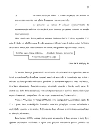  Da contextualização teórica: o como e o porquê das praticas de
movimentos corporais, e da relação deles com a vida como um todo.
 De princípios de valores de atitudes: desenvolvimento de
comportamentos voltados a formação de seres humanos que possam construir um mundo
mais harmonioso.
Já os conteúdos da Educação Física no ensino fundamental (1º e 2º ciclos) segundo o PCN
estão divididos em três blocos, que deverão ser desenvolvidos ao longo de todo o ensino. Os blocos
articulam-se entre si, têm vários conteúdos em comum, mas guardam especificidades. São eles:
Fonte: PCN, 1997 pág.46
Se tratando da dança, que se encaixa no bloco das atividades rítmicas e expressivas, onde se
inclui as manifestações da cultura corporal, através da expressão e comunicação por gestos e
músicas, os alunos poderão conhecer as qualidades do movimento expressivo como leve/pesado,
forte/fraco, rápido/lento, fluido/interrompido, intensidade, duração e direção, sendo capaz de
analisá-los a partir destes referenciais; conhecer algumas técnicas de execução de movimentos; ser
capazes de construir coreografias e valorizar e apreciar as manifestações expressivas.
Cunha (1992), citado por Rangel (2002), fala sobre a dança criativa, destinada as escolas de
1º e 2º graus, tendo como objetivo desenvolver uma ação pedagógica coerente, estimulando a
criatividade, baseando-se em analises de técnicas da dança adequada as series inicias, com enfoque
na educação psicomotora.
Para Marques (1999), a dança criativa surgiu em oposição à dança em que o aluno deve
aprender movimentos codificados e rígidos sem qualquer interferência pessoal, podendo ter
33
Esportes, jogos, lutas e ginásticas.
Conhecimentos sobre o corpo
Atividades rítmicas e expressivas
 