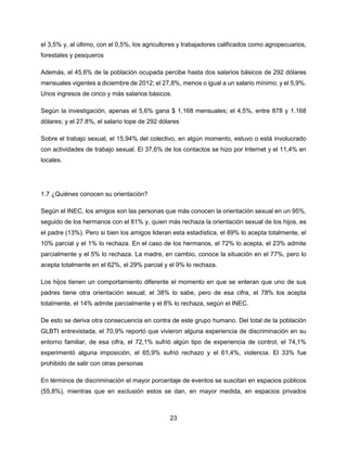 23
el 3,5% y, al último, con el 0,5%, los agricultores y trabajadores calificados como agropecuarios,
forestales y pesqueros
Además, el 45,6% de la población ocupada percibe hasta dos salarios básicos de 292 dólares
mensuales vigentes a diciembre de 2012; el 27,8%, menos o igual a un salario mínimo; y el 5,9%.
Unos ingresos de cinco y más salarios básicos.
Según la investigación, apenas el 5,6% gana $ 1,168 mensuales; el 4,5%, entre 878 y 1.168
dólares; y el 27.8%, el salario tope de 292 dólares
Sobre el trabajo sexual, el 15,94% del colectivo, en algún momento, estuvo o está involucrado
con actividades de trabajo sexual. El 37,6% de los contactos se hizo por Internet y el 11,4% en
locales.
1.7 ¿Quiénes conocen su orientación?
Según el INEC, los amigos son las personas que más conocen la orientación sexual en un 95%,
seguido de los hermanos con el 81% y, quien más rechaza la orientación sexual de los hijos, es
el padre (13%). Pero si bien los amigos lideran esta estadística, el 89% lo acepta totalmente, el
10% parcial y el 1% lo rechaza. En el caso de los hermanos, el 72% lo acepta, el 23% admite
parcialmente y el 5% lo rechaza. La madre, en cambio, conoce la situación en el 77%, pero lo
acepta totalmente en el 62%, el 29% parcial y el 9% lo rechaza.
Los hijos tienen un comportamiento diferente el momento en que se enteran que uno de sus
padres tiene otra orientación sexual; el 38% lo sabe, pero de esa cifra, el 78% los acepta
totalmente, el 14% admite parcialmente y el 8% lo rechaza, según el INEC.
De esto se deriva otra consecuencia en contra de este grupo humano. Del total de la población
GLBTI entrevistada, el 70,9% reportó que vivieron alguna experiencia de discriminación en su
entorno familiar, de esa cifra, el 72,1% sufrió algún tipo de experiencia de control, el 74,1%
experimentó alguna imposición, el 65,9% sufrió rechazo y el 61,4%, violencia. El 33% fue
prohibido de salir con otras personas
En términos de discriminación el mayor porcentaje de eventos se suscitan en espacios públicos
(55,8%), mientras que en exclusión estos se dan, en mayor medida, en espacios privados
 