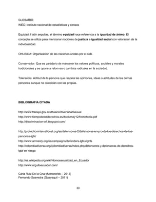 30
GLOSARIO:
INEC: Instituto nacional de estadísticas y censos
Equidad: l latín aequĭtas, el término equidad hace referencia a la igualdad de ánimo. El
concepto se utiliza para mencionar nociones de justicia e igualdad social con valoración de la
individualidad.
ONUSIDA: Organización de las naciones unidas por el sida
Conservador: Que es partidario de mantener los valores políticos, sociales y morales
tradicionales y se opone a reformas o cambios radicales en la sociedad.
Tolerancia: Actitud de la persona que respeta las opiniones, ideas o actitudes de las demás
personas aunque no coincidan con las propias.
BIBLIOGRAFIA CITADA
http://www.trabajo.gov.ar/difusion/diversidadsexual
http://www.tiempodelosderechos.es/docs/may12/homofobia.pdf
http://discriminacion-off.blogspot.com/
http://protectioninternational.org/es/defensores-2/defensores-en-pro-de-los-derechos-de-las-
personas-lgbt/
http://www.amnesty.org/es/campaigns/defenders-lgbt-rights
http://colombiadiversa.org/colombiadiversa/index.php/defensores-y-defensoras-de-derechos-
lgbt-en-riesgo
http://es.wikipedia.org/wiki/Homosexualidad_en_Ecuador
http://www.orgulloecuador.com/
Carla Ruiz De la Cruz (Montecristi – 2013)
Fernando Saavedra (Guayaquil – 2011)
 