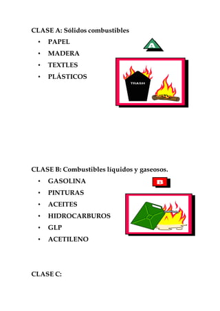 CLASE A: Sólidos combustibles
• PAPEL
• MADERA
• TEXTLES
• PLÁSTICOS
CLASE B: Combustibles líquidos y gaseosos.
• GASOLINA
• PINTURAS
• ACEITES
• HIDROCARBUROS
• GLP
• ACETILENO
CLASE C:
 