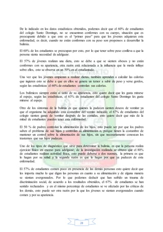 28
De lo indicado en los datos estadísticos obtenidos, podemos decir que el 60% de estudiantes
del colegio Santo Domingo, no se encuentran conformes con su cuerpo, situación que es
preocupante debido a que este es el “primer paso” para que los jóvenes adquieran esta
enfermedad, es decir, cuando no están conformes con su peso son propensos a desarrollar la
bulimia.
El 60% de los estudiantes se preocupan por esto, por lo que tener sobre peso conlleva a que la
persona sienta necesidad de adelgazar.
El 57% de jóvenes realizan una dieta, esto se debe a que se sienten obesos y no están
conformes con su apariencia, otra razón está relacionada a la influencia que la moda influye
sobre ellos, esto se observa en un 50% en el estudiantado.
Una vez que los jóvenes empiezan a realizar dietas, también aprenden a calcular las calorías
que ingieren esto se debe a que en ellos se genera un temor a subir de peso y verse gordos,
según las estadísticas el 60% de estudiantes controlan sus calorías.
Los bulímicos siempre están al tanto de su apariencia, esto quiere decir que les gusta mirarse
al espejo, según las estadísticas, el 63% de estudiantes del colegio Santo Domingo les gusta
mirarse al espejo.
Otro de los síntomas de la bulimia es que quienes la padecen sienten deseos de vomitar ya
que el organismo ha adquirido esta costumbre del vomito inducido; el 67% de estudiantes del
colegio sienten ganas de vomitar después de las comidas, esto quiere decir que más de la
mitad de estudiantes pueden tener esta enfermedad.
El 50 % de padres controlan la alimentación de los hijos, esto puede ser por que los padres
saben el problema de sus hijos y controlan su alimentación o, porque tienen la costumbre de
mantener un control sobre la alimentación de sus hijos, sin que necesariamente conozcan los
trastornos que sus hijos padecen.
Uno de los tipos de diagnóstico que sirve para determinar la bulimia, es que la persona realiza
ejercicio físico en exceso para adelgazar; de la investigación realizada se obtuvo que el 80%
de estudiantes realizan actividad física, esto puede deberse a dos razones, la primera es que
lo hagan por su salud y la segunda razón es que lo hagan por que ya padecen de esta
enfermedad.
El 57% de estudiantes comen poco en presencia de las demás personas esto quiere decir que
les importa mucho lo que digan las personas en cuanto a su alimentación y de alguna manera
se sientan avergonzados. Por lo que podemos deducir que han sufrido un trauma de
discriminación social, de acuerdo a los resultados obtenidos, el 67% de estudiantes se han
sentido rechazados y en el mismo porcentaje de estudiantes se ve afectado por las críticas de
los demás, esto puede ser otra razón por la que los jóvenes se sientan avergonzados cuando
comen y por su apariencia.
 