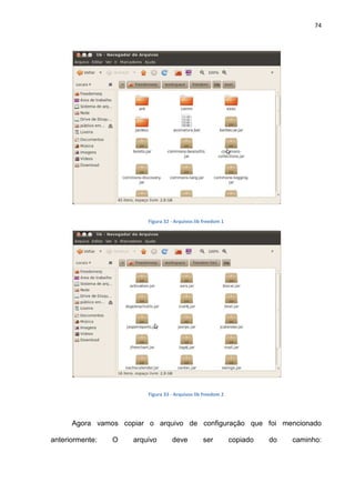 74
Figura 32 - Arquivos lib freedom 1
Figura 33 - Arquivos lib freedom 2
Agora vamos copiar o arquivo de configuração que foi mencionado
anteriormente: O arquivo deve ser copiado do caminho:
 