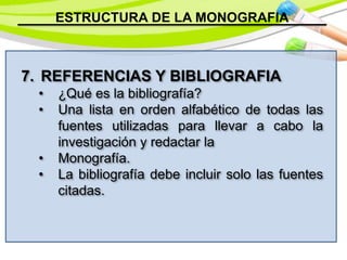 ESTRUCTURA DE LA MONOGRAFIA
7. REFERENCIAS Y BIBLIOGRAFIA
• ¿Qué es la bibliografía?
• Una lista en orden alfabético de todas las
fuentes utilizadas para llevar a cabo la
investigación y redactar la
• Monografía.
• La bibliografía debe incluir solo las fuentes
citadas.
 