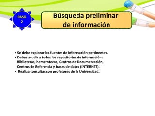 Búsqueda preliminar
de información
• Se debe explorar las fuentes de información pertinentes.
• Debes acudir a todos los repositorios de información:
Bibliotecas, hemerotecas, Centros de Documentación,
Centros de Referencia y bases de datos (INTERNET).
• Realiza consultas con profesores de la Universidad.
PASO
2
 