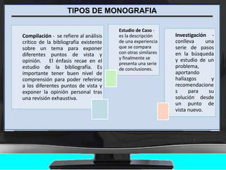 TIPOS DE MONOGRAFIA
Compilación - se refiere al análisis
crítico de la bibliografía existente
sobre un tema para exponer
diferentes puntos de vista y
opinión. El énfasis recae en el
estudio de la bibliografía. Es
importante tener buen nivel de
comprensión para poder referirse
a los diferentes puntos de vista y
exponer la opinión personal tras
una revisión exhaustiva.
Estudio de Caso -
es la descripción
de una experiencia
que se compara
con otras similares
y finalmente se
presenta una serie
de conclusiones.
Investigación -
conlleva una
serie de pasos
en la búsqueda
y estudio de un
problema,
aportando
hallazgos y
recomendacione
s para su
solución desde
un punto de
vista nuevo.
 