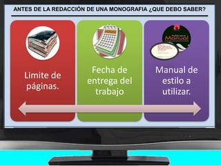 ANTES DE LA REDACCIÓN DE UNA MONOGRAFIA ¿QUE DEBO SABER?
Limite de
páginas.
Fecha de
entrega del
trabajo
Manual de
estilo a
utilizar.
 