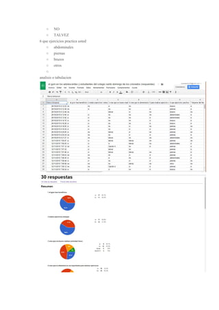 ○  NO 
○  TALVEZ 
6 que ejercicios practica usted 
○  abdominales 
○  piernas 
○  brazos 
○  otros 
○  
analisis o tabulacion 
 
 
 
