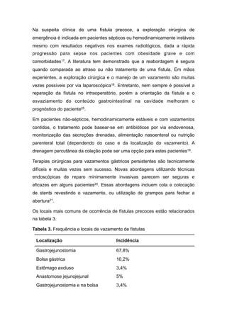 Na suspeita clínica de uma fístula precoce, a exploração cirúrgica de
emergência é indicada em pacientes sépticos ou hemodinamicamente instáveis
mesmo com resultados negativos nos exames radiológicos, dada a rápida
progressão para sepse nos pacientes com obesidade grave e com
comorbidades17. A literatura tem demonstrado que a reabordagem é segura
quando comparada ao atraso ou não tratamento de uma fístula. Em mãos
experientes, a exploração cirúrgica e o manejo de um vazamento são muitas
vezes possíveis por via laparoscópica18. Entretanto, nem sempre é possível a
reparação da fístula no intraoperatório, porém a orientação da fístula e o
esvaziamento do conteúdo gastrointestinal na cavidade melhoram o
prognóstico do paciente25.
Em pacientes não-sépticos, hemodinamicamente estáveis e com vazamentos
contidos, o tratamento pode basear-se em antibióticos por via endovenosa,
monitorização das secreções drenadas, alimentação nasoenteral ou nutrição
parenteral total (dependendo do caso e da localização do vazamento). A
drenagem percutânea da coleção pode ser uma opção para estes pacientes19.
Terapias cirúrgicas para vazamentos gástricos persistentes são tecnicamente
difíceis e muitas vezes sem sucesso. Novas abordagens utilizando técnicas
endoscópicas de reparo minimamente invasivas parecem ser seguras e
eficazes em alguns pacientes20. Essas abordagens incluem cola e colocação
de stents revestindo o vazamento, ou utilização de grampos para fechar a
abertura21.
Os locais mais comuns de ocorrência de fístulas precoces estão relacionados
na tabela 3.
Tabela 3. Frequência e locais de vazamento de fístulas
Localização Incidência
Gastrojejunostomia 67,8%
Bolsa gástrica 10,2%
Estômago excluso 3,4%
Anastomose jejunojejunal 5%
Gastrojejunostomia e na bolsa 3,4%
 