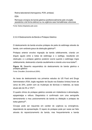 Fonte: Dados Adaptados pelo autor.
2.3.2.4 Deslocamento da Banda e Prolapso Gástrico
O deslocamento da banda envolve prolapso de parte do estômago através da
banda, com variáveis graus de obstrução gástrica53.
Prolapso anterior envolve migração da banda cefalicamente, criando um
ângulo agudo entre a bolsa de estômago e o esôfago, resultando em
obstrução; e o prolapso gástrico posterior ocorre quando o estômago migra
cefalicamente, deslocando a banda caudalmente e criando uma nova bolsa53.
Figura 10. Desenho esquemático do deslocamento da banda gástrica e
prolapso gástrico
Fonte: Chevallier; Zinzindohoué (2004).
As taxas de deslocamento nos primeiros estudos do US Food and Drugs
Administration (FDA, órgão regulador de Saude nos Estados Unidos) foram de
cerca de 24%, porém com as mudanças de técnicas e materiais, as taxas
atuais são de 2% a 14%53.
O quadro clínico do prolapso gástrico consiste em intolerância à alimentação,
epigastralgia e refluxo. Diagnóstico é confirmado com uma seriografia
demonstrando o mau posicionamento da banda ou dilatação e prolapso da
bolsa gástrica53.
Cirurgia pode ser requerida em caráter de urgência ou emergência,
dependendo da apresentação. O reparo do prolapso pode por vezes ser feito
através do reposicionamento da banda, mas frequentemente a banda
Rotina laboratorial (hemograma, PCR, amilase)
EDA
Remoçao cirúrgica da banda gástrica (preferencialmente pelo cirurgião
assistente e de forma eletiva) ou na urgência caso hematêmese volumosa
 