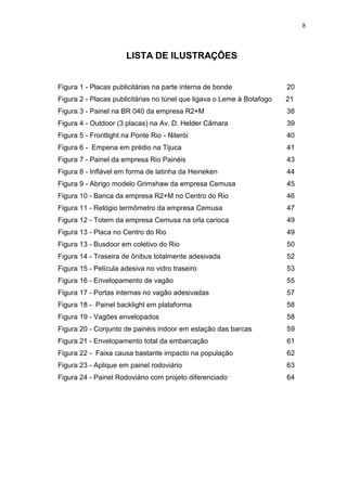 8

LISTA DE ILUSTRAÇÕES

Figura 1 - Placas publicitárias na parte interna de bonde

20

Figura 2 - Placas publicitárias no túnel que ligava o Leme à Botafogo

21

Figura 3 - Painel na BR 040 da empresa R2+M

38

Figura 4 - Outdoor (3 placas) na Av. D. Helder Câmara

39

Figura 5 - Frontlight na Ponte Rio - Niterói

40

Figura 6 - Empena em prédio na Tijuca

41

Figura 7 - Painel da empresa Rio Painéis

43

Figura 8 - Inflável em forma de latinha da Heineken

44

Figura 9 - Abrigo modelo Grimshaw da empresa Cemusa

45

Figura 10 - Banca da empresa R2+M no Centro do Rio

46

Figura 11 - Relógio termômetro da empresa Cemusa

47

Figura 12 - Totem da empresa Cemusa na orla carioca

49

Figura 13 - Placa no Centro do Rio

49

Figura 13 - Busdoor em coletivo do Rio

50

Figura 14 - Traseira de ônibus totalmente adesivada

52

Figura 15 - Película adesiva no vidro traseiro

53

Figura 16 - Envelopamento de vagão

55

Figura 17 - Portas internas no vagão adesivadas

57

Figura 18 - Painel backlight em plataforma

58

Figura 19 - Vagões envelopados

58

Figura 20 - Conjunto de painéis indoor em estação das barcas

59

Figura 21 - Envelopamento total da embarcação

61

Figura 22 - Faixa causa bastante impacto na população

62

Figura 23 - Aplique em painel rodoviário

63

Figura 24 - Painel Rodoviário com projeto diferenciado

64

 