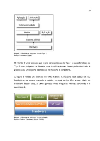 20
Figura 2: Monitor de Máquina Virtual Tipo 2
Fonte: Laureano (2006)
O Híbrido é uma solução que reúne características do Tipo 1 e características do
Tipo 2, com o objetivo de fornecer uma virtualização com desempenho otimizado. A
presença de um sistema operacional na máquina é obrigatória.
A figura 3 retrata um exemplo de VMM híbrido. A máquina real possui um SO
instalado e na mesma camada o monitor, no qual ambos têm acesso direto ao
hardware. Neste caso, a VMM gerencia duas máquinas virtuais: convidado 1 e
convidado 2.
Figura 3: Monitor de Máquina Virtual Híbrido
Fonte: Coelho, Calzavara, Lúcia (2008)
 