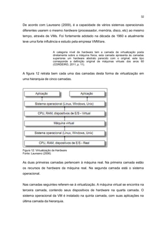 32
De acordo com Laureano (2009), é a capacidade de vários sistemas operacionais
diferentes usarem o mesmo hardware (processador, memória, disco, etc) ao mesmo
tempo, através de VMs. Foi fortemente adotado na década de 1960 e atualmente
teve uma forte influência e estudo pela empresa VMWare.
A categoria nível de hardware tem a camada de virtualização posta
diretamente sobre a máquina física, esta camada apresenta às camadas
superiores um hardware abstrato parecido com o original, este tipo
corresponde a definição original de máquinas virtuais dos anos 60
(CORDEIRO, 2011, p. 11).
A figura 12 retrata bem cada uma das camadas desta forma de virtualização em
uma hierarquia de cinco camadas.
Figura 12: Virtualização de Hardware
Fonte: Laureano (2006)
As duas primeiras camadas pertencem à máquina real. Na primeira camada estão
os recursos de hardware da máquina real. Na segunda camada está o sistema
operacional.
Nas camadas seguintes referem-se à virtualização. A máquina virtual se encontra na
terceira camada, contendo seus dispositivos de hardware na quarta camada. O
sistema operacional da VM é instalado na quinta camada, com suas aplicações na
última camada da hierarquia.
 