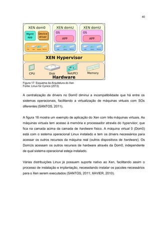 40
Figura 17: Esquema da Arquitetura do Xen
Fonte: Linux for Cynics (2013)
A centralização de drivers no Dom0 diminui a incompatibilidade que há entre os
sistemas operacionais, facilitando a virtualização de máquinas virtuais com SOs
diferentes (SANTOS, 2011).
A figura 18 mostra um exemplo de aplicação do Xen com três máquinas virtuais. As
máquinas virtuais tem acesso à memória e processador através do hypervisor, que
fica na camada acima da camada de hardware físico. A máquina virtual 0 (Dom0)
está com o sistema operacional Linux instalado e tem os drivers necessários para
acessar os outros recursos da máquina real (outros dispositivos de hardware). Os
DomUs acessam os outros recursos de hardware através da Dom0, independente
de qual sistema operacional esteja instalado.
Várias distribuições Linux já possuem suporte nativo ao Xen, facilitando assim o
processo de instalação e implantação, necessitando instalar os pacotes necessários
para o Xen serem executados (SANTOS, 2011; XAVIER, 2010).
 