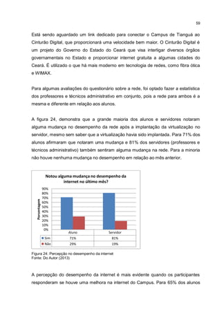 59
Está sendo aguardado um link dedicado para conectar o Campus de Tianguá ao
Cinturão Digital, que proporcionará uma velocidade bem maior. O Cinturão Digital é
um projeto do Governo do Estado do Ceará que visa interligar diversos órgãos
governamentais no Estado e proporcionar internet gratuita a algumas cidades do
Ceará. É utilizado o que há mais moderno em tecnologia de redes, como fibra ótica
e WIMAX.
Para algumas avaliações do questionário sobre a rede, foi optado fazer a estatística
dos professores e técnicos administrativo em conjunto, pois a rede para ambos é a
mesma e diferente em relação aos alunos.
A figura 24, demonstra que a grande maioria dos alunos e servidores notaram
alguma mudança no desempenho da rede após a implantação da virtualização no
servidor, mesmo sem saber que a virtualização havia sido implantada. Para 71% dos
alunos afirmaram que notaram uma mudança e 81% dos servidores (professores e
técnicos administrativo) também sentiram alguma mudança na rede. Para a minoria
não houve nenhuma mudança no desempenho em relação ao mês anterior.
Figura 24: Percepção no desempenho da internet
Fonte: Do Autor (2013)
A percepção do desempenho da internet é mais evidente quando os participantes
responderam se houve uma melhora na internet do Campus. Para 65% dos alunos
Aluno Servidor
Sim 71% 81%
Não 29% 19%
0%
10%
20%
30%
40%
50%
60%
70%
80%
90%
Porcentagem
Notou alguma mudança no desempenho da
internet no último mês?
 