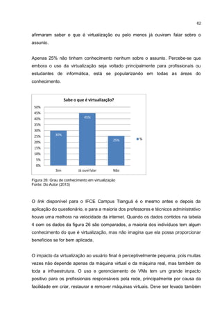 62
afirmaram saber o que é virtualização ou pelo menos já ouviram falar sobre o
assunto.
Apenas 25% não tinham conhecimento nenhum sobre o assunto. Percebe-se que
embora o uso da virtualização seja voltado principalmente para profissionais ou
estudantes de informática, está se popularizando em todas as áreas do
conhecimento.
Figura 26: Grau de conhecimento em virtualização
Fonte: Do Autor (2013)
O link disponível para o IFCE Campus Tianguá é o mesmo antes e depois da
aplicação do questionário, e para a maioria dos professores e técnicos administrativo
houve uma melhora na velocidade da internet. Quando os dados contidos na tabela
4 com os dados da figura 26 são comparados, a maioria dos indivíduos tem algum
conhecimento do que é virtualização, mas não imagina que ela possa proporcionar
benefícios se for bem aplicada.
O impacto da virtualização ao usuário final é perceptivelmente pequena, pois muitas
vezes não depende apenas da máquina virtual e da máquina real, mas também de
toda a infraestrutura. O uso e gerenciamento de VMs tem um grande impacto
positivo para os profissionais responsáveis pela rede, principalmente por causa da
facilidade em criar, restaurar e remover máquinas virtuais. Deve ser levado também
30%
45%
25%
0%
5%
10%
15%
20%
25%
30%
35%
40%
45%
50%
Sim Já ouvi falar Não
Sabe o que é virtualização?
%
 
