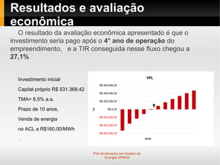 Resultados e avaliação
econômica
   O resultado da avaliação econômica apresentado é que o
investimento seria pago após o 4° ano de operação do
empreendimento, e a TIR conseguida nesse fluxo chegou a
27,1%


                                                                VPL
  Investimento inicial
                                       R$ 600.000,00
  Capital próprio R$ 531.368,42
                                       R$ 400.000,00

  TMA= 8,5% a.a.                       R$ 200.000,00


  Prazo de 10 anos,                          R$ 0,00
                                  R$




                                       -R$ 200.000,00
  Venda de energia
                                       -R$ 400.000,00
  no ACL a R$160,00/MWh
                                       -R$ 600.000,00

  .                                                            Anos




                                  Pós-Graduação em Gestão de
                                        Energia UFRGS
 
