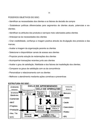 18
POSSÍVEIS OBJETIVOS DO SISC:
- Identificar as necessidades dos clientes e os fatores de decisão de compra
- Estabelecer políticas diferenciadas para segmentos de clientes atuais, potenciais e ex-
clientes;
- Identificar os atributos dos produtos e serviços mais valorizados pelos clientes
- Antecipar-se às necessidades dos clientes
- Criar credibilidade, confiança e imagem positiva através da divulgação dos produtos e das
marcas;
- Avaliar a imagem da organização perante os clientes
- Selecionar e disponibilizar canais de acesso aos clientes
- Propiciar pronta solução às reclamações dos clientes
- Acompanhar transações recentes junto aos clientes
- Avaliar o grau de satisfação, fidelidade e dos fatores de insatisfação dos clientes;
- Comparar os graus de satisfação com os da concorrência
- Personalizar o relacionamento com os clientes
- Melhorar o atendimento mediante ações corretivas e preventivas
ESTRUTURA DO SISC :
 