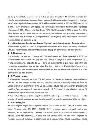 26
de 2 p.p no SEDEX, ao passo que o índice da Carta Registrada Nacional foi mantido. Em
relação aos objetos internacionais, foram tratadas 3.891 reclamações. Destas, 22% referem-
se à Carta Registrada Internacional, 18% à Mercadoria Econômica, 16% ao EMS Mercadoria
e 14% a Leve Prioritário. Em agosto, os percentuais observados foram: Carta Registrada
Internacional 21%, Mercadoria Econômica 19%, EMS Mercadoria 15% e Leve Prioritário
11%. Dentre os principais motivos das reclamações tratadas em setembro, destaca-se o
“Destinatário Não Recebeu a Correspondência”, alcançando 66% para objetos nacionais,
representando um aumento 2 p.p
2.1.1. Relatórios de Gestão dos Canais Alternativos de Atendimento – Setembro 2008
em relação a agosto. No caso dos objetos internacionais, este motivo foi o responsável por
94% das reclamações, não havendo alteração de p.p em comparação ao mês anterior.
2.1.2. Desempenho
Em setembro, o indicador “Tempo de Retorno/Reposta da Área” apresentou 81% das
manifestações respondidas em até três dias, desde a chegada à área competente. Já o
“Tempo de Retorno/Resposta da ECT” teve um desempenho 3 p.p maior, com 69% das
demandas respondidas em até três dias. Por fim, o indicador “Produtividade” alcançou a
marca de 90% das manifestações respondidas no mês de referência, subindo 1 p.p em
comparação ao mês anterior.
2.1.3. Vendas virtuais
O CorreiosNet Shopping recebeu 507.616 visitas de clientes na Internet, registrando uma
alta de 44% em relação ao mês anterior. Comparando com o mesmo período de 2007, as
visitas tiveram um aumento de 61%. Já os contratos ativos não apresentaram praticamente
modificações, permanecendo com a marca de 1.115. O número de lojas abertas cresceu 1%
em relação a agosto, fechando o mês com 802.
A loja virtual Correios Online registrou 21.277 pedidos pagos, 15% a mais que o mês
anterior. O crescimento das vendas de setembro/08 em relação a setembro/07 foi de 154%.
2.1.4. Indenizações
As indenizações pagas pela Empresa somam, nesse mês, R$1.944.014,54. A maior parte
delas foi paga pela DR SPM - R$580.404,14 -, sendo que o principal motivo das
indenizações na Regional foi “Extravio”. Em âmbito geral, o produto mais indenizado foi o
SEDEX, com R$1.235.595,72. A cada dia nos demos conta de uma nova empresa no
mercado que está surgindo, e assim, uma nova concorrência, novas tecnologias, novos
 