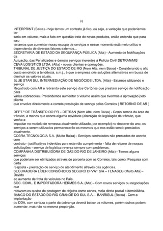 91
INTERPRINT (Baixa) - hoje temos um contrato já fixo, ou seja, a variação que poderíamos
ter
seria em volume, mais o fato em questão trate de novos produtos, então entendo que para
isso
teríamos que aumentar nosso escopo de serviços e nesse momento está meio crítico e
dependendo de diversos fatores externos...
SECRETARIA DE ESTADO DA SEGURANÇA PÚBLICA (Alta) - Aumento de Notificações
da
Autuação, das Penalidades e demais serviços inerentes à Polícia Civil/ DETRAN/MG
CEVA LOGISTICS LTDA. (Alta) - novos clientes e operações.
TRIBUNAL DE JUSTIÇA DO ESTADO DE MG (Nem Alta, nem Baixa) - Considerando o alto
custo envolvido a tendência, s.m.j., é que a empresa crie soluções alternativas em busca de
diminuir os valores atuais.
BLUE STAR SUL INTERMEDIAÇÃO DE NEGÓCIOS LTDA. (Alta) - Estamos utilizando o
serviço
Registrado com AR e retirando este serviço dos Cartórios que prestam serviço de notificação
para
várias cobradoras. Pretendemos aumentar o volume assim que tivermos a aprovação pelo
cliente
que envolve diretamente a correta prestação de serviço pelos Correios ( RETORNO DE AR )
DEPT.º DE TRÂNSITO DO PR – DETRAN (Nem Alta, nem Baixa) - Como somos da área de
trânsito, a menos que ocorra alguma novidade (alteração de legislação de trânsito, que
venha a
impactar no modelo de remessa atualmente utilizado, por exemplo) no decorrer do ano, os
serviços a serem utilizados permanecerão os mesmos que nos estão sendo prestados
atualmente.
COBRA TECNOLOGIA S.A. (Muito Baixa) - Serviços contratados não prestados de acordo
com
contrato - justificativas indevidas para este não cumprimento - falta de retorno de nossas
solicitações - serviço de logística reversa sempre com problemas.
COMPANHIA DISTRIBUIDORA DE GÁS DO RIO DE JANEIRO (Alta) - Temos alguns
serviços
que poderiam ser otimizados através de parceria com os Correios, tais como: Pesquisa com
carta
resposta - prestação de serviço de atendimento através das agências.
SEGURADORA LÍDER CONSÓRCIOS SEGURO DPVAT S/A – FENASEG (Muito Alta) -
Devido
ao aumento de frota de veículos no País.
SOC. COML. E IMPORTADORA HERMES S.A. (Alta) - Com novos serviços ou negociações
que
reduzam os custos de postagem de objetos como cartas, mala direta postal e domiciliária.
BANCO DO ESTADO DO RIO GRANDE DO SUL S.A. – BANRISUL (Baixa) - Com a
implantação
do DDA, com certeza a parte da cobrança deverá baixar os volumes, porém outros podem
aumentar, mas não na mesma proporção.
 