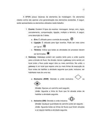 12
A BPMN possui dezenas de elementos de modelagem. Os elementos
citados acima são apenas uma generalização dos elementos existentes. A seguir
serão apresentados os elementos utilizados neste trabalho.
1. Evento: Existem 9 tipos de eventos: mensagem, tempo, erro, regra,
cancelamento, compensação ligação múltiplo e término. A seguir
uma descrição de 3 deles.
a. ¡ rro: utilizado para o controle de exceção.
b. Liga  o: utilizado para ligar eventos. Pode ser visto como
um “go to”.
c.   ¡ r ino: Indica que todas as atividades do processo devem
ser terminadas.
2. Gate a : G
¦ © ¢  ¦ ¦ ¤
podem ser usados tanto para a união quanto
para a divisão do luxo. Na divisão temos o
§ ¦ © ¢  ¦ ¦
como sendo um
local onde o fluxo pode seguir dois ou mais caminhos. Na união o
§ ¦ © ¢  ¦ ¦
é um local que espera uma ou mais linhas de execução do
fluxo antes de habilitar a atividade seguinte que pode, inclusive, ser
habilitada mais de uma vez.
a. ¡
§

lusivo ¢ £   R
¤
: Decisão e união exclusiva. ou
 
  ¡   ¤ ¥ £
: Apenas um caminho será seguido.
¦ ¢   ¥ £
: Aguarda a linha do fluxo que foi ativada antes de
habilitar a atividade seguinte.
b. § n

lusivo ¢   R
¤
: Decisão e união inclusiva.
 
  ¡   ¤ ¥ £
: Qualquer quantidade de caminho pode ser seguido.
¦ ¢   ¥ £
: Aguarda todas as linhas de fluxos que foram ativadas
e só depois habilita a atividade seguinte.
 