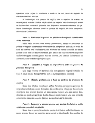 21
queremos dizer, expor ou manifestar a essência de um passo de negócio da
maneira mais clara possível.
A classificação dos passos de negócio tem o objetivo de auxiliar na
ordenação do luxo de controle de processos de negócio. Esta classi icação é eita
de acordo com a estrutura proposta pela arquitetura R
  ¡ ¢ £
F
  ¤ ¥
estendida por [9].
Nesta classificação devemos dividir os passos de negócio em duas categorias:
Restritivos e Condicionais.
Fase   – Posi

ionar os
£
assos £ o
£
ro

esso £ e neg£

io

lassifi

a£ os

o o restritivos
Nesta fase, visando uma melhor performance, deseja-se posicionar os
passos de negócio classi icados como restritivos sempre que possível no início do
fluxo de controle. Isto é necessário para minimizar os e eitos causados por esses
passos casos eles não sejam atendidos pois passos de negócios restritivos podem
causar interrupção na execução do luxo de controle uma vez que sua condição só
admite resposta verdadeira para prosseguir.
Fase ¡ – Des

o¡ rir a rela  o £ e £ e
£
en£  n

ia entre os
£
assos £ o
£
ro

esso £ e neg£

io
Esta etapa consiste em identificar para cada passo de negócio declarado na
Fase 1, a sua relação de dependência com os outros passos do processo.
Fase ¢ – £ o£ elar grafi

a ente o flu
§
o £ e

ontrole £ o
£
ro

esso £ e
neg£

io
Nesta fase é eita a modelagem grá ica. Para isto conectamos por meio de
uma seta orientada os passos de negócio de acordo com a relação de dependência
descrita na fase anterior. Quando um passo possui mais de uma seta saindo dele,
dizemos que existe um ponto de divisão. uando existe mais de uma seta entrando
em um único passo de negócio dizemos que existe um ponto de união.
Fase ¤ – Des

rever o

o
£
orta ento £ os
£
ontos £ e £ ivis o e uni o
e
§
istentes no  o£ elo

onstru¥ £ o
Nesta fase, o comportamento dos pontos de divisão e união identi icados no
passo anterior devem ser descritos para permitir a identificação dos padr es de
 