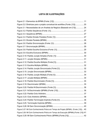 LISTA DE ILUSTRAÇÕES
Figura 2.1: Elementos da BPMN (Fonte: [12]).......................................................... 11
Figura 2.2: Diretrizes para o projeto conceitual de workflow (Fonte: [13])................ 20
Figura 3.1: Necessidades de um Analista de Negócio (Baseado em [13])............... 24
Figura 3.2: Padrão Seqüência (Fonte: [1])................................................................ 27
Figura 3.3: Seqüência (BPMN) ................................................................................. 27
Figura 3.4: Padrão Divisão Paralela (Fonte: [1])....................................................... 27
Figura 3.5: Divisão Paralela (BPMN) ........................................................................ 28
Figura 3.6: Padrão Sincronização (Fonte: [1]) .......................................................... 28
Figura 3.7: Sincronização (BPMN)............................................................................ 29
Figura 3.8: Padrão Escolha Exclusiva (Fonte: [1]).................................................... 29
Figura 3.9: Escolha Exclusiva (BPMN) ..................................................................... 30
Figura 3.10: Padrão Junção Simples (Fonte: [1]) ..................................................... 30
Figura 3.11: Junção Simples (BPMN)....................................................................... 31
Figura 3.12: Padrão Escolha Múltipla (Fonte [1])...................................................... 31
Figura 3.13: Escolha Múltipla (BPMN)...................................................................... 32
Figura 3.14: Padrão Junção Sincronizada (Fonte [1]) .............................................. 32
Figura 3.15: Junção Sincronizada (BPMN)............................................................... 33
Figura 3.16: Padrão Junção Múltipla (Fonte [1])....................................................... 34
Figura 3.17: Junção Múltipla (BPMN) ....................................................................... 34
Figura 3.18: Padrão Discriminador (Fonte [1]).......................................................... 35
Figura 3.19: Discriminador (BPMN) .......................................................................... 35
Figura 3.20: Padrão N-Discriminador (Fonte [1])...................................................... 36
Figura 3.21: N-Discriminador (BPMN) (Fonte: [15]).................................................. 36
Figura 3.22: Padrão Ciclo Arbitrário.......................................................................... 37
Figura 3.23: Ciclo Arbitrário (BPMN)......................................................................... 38
Figura 3.24: Padrão Terminação Implícita (Fonte [1]) .............................................. 38
Figura 3.25: Terminação Implícita (BPMN)............................................................... 39
Figura 3.26: MI Sem Sincronização (BPMN) ............................................................ 40
Figura 3.27: MI Com Conhecimento Prévio em Tempo de Projeto (BPMN) (Fonte: [15])... 40
Figura 3.28: MI Com Conhecimento Prévio em Tempo de Execução (BPMN) (Fonte: [15]) 41
Figura 3.29: MI Sem Conhecimento Prévio (BPMN) (Fonte [15])............................. 42
 