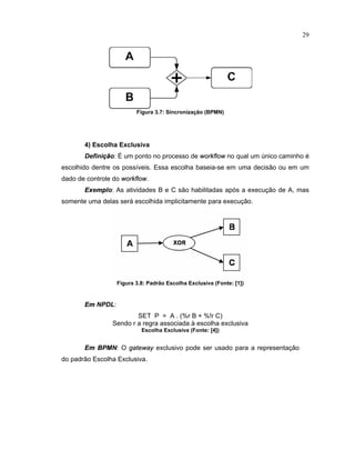 29
Figura 3.7¤ Sincronização (BPMN)
4) Escolha Exclusiva
Defini  o: um ponto no processo de
 £ £    £ 
no qual um único caminho é
escolhido dentre os possíveis. Essa escolha baseia-se em uma decisão ou em um
dado de controle do
 £ £    £ 
.
¡
§
e
£
lo: As atividades B e C são habilitadas após a execução de A mas
somente uma delas será escolhida implicitamente para execução.
Figura 3.8¤ Padrão Escolha Exclusiva (Fonte¤ ¥ 1
¦
)
¡  NPDL:
SET P = A . (%r B + %!r C)
Sendo r a regra associada escolha exclusiva
Escolha Exclusiva (Fonte¤ ¥ 4
¦
)
¡  ¢ P£ N: O
§ ¦ © ¢  ¦ ¦
exclusivo pode ser usado para a representação
do padrão Escolha Exclusiva.
 