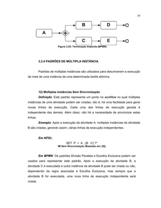 39
Figura 3.25¤ Terminação Impl  cita (BPMN)
3.2.4 PADRÕES DE M LTIPLA INST NCIA
Padr es de múltiplas inst ncias são utilizados para descreverem a execução
de mais de uma inst ncia de uma determinada tare a at mica.
12) M ltiplas Inst ncias Sem Sincronização
Defini  o: Este padrão representa um ponto no
 £ £    £ 
no qual múltiplas
inst ncias de uma atividade podem ser criadas isto é há uma acilidade para gerar
novas linhas de execução. Cada uma das linhas de execução gerada é
independente das demais. Além disso não há a necessidade de sincronizar estas
linhas.
¡
§
e
£
lo: Após a execução da atividade A múltiplas inst ncias da atividade
B são criadas gerando assim, várias linhas de execução independentes.
¡  NPDL:
SET P = A . (B . C) ?*
MI Sem Sincronização (Baseado em¤ ¥ 4
¦
)
¡  ¢ P£ N: Os padr es Divisão Paralela e Escolha Exclusiva podem ser
usados para representar este padrão. Após a execução da atividade B, a
atividade C é executada e outra inst ncia da atividade B pode ser criada ou não
dependendo da regra associada Escolha Exclusiva mas sempre que a
atividade B for executada, uma nova linha de execução independente será
criada.
 