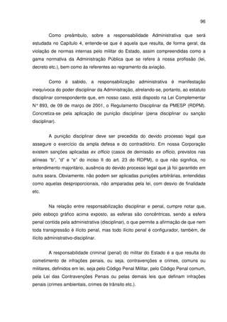 96
Como preâmbulo, sobre a responsabilidade Administrativa que será
estudada no Capítulo 4, entende-se que é aquela que resulta, de forma geral, da
violação de normas internas pelo militar do Estado, assim compreendidas como a
gama normativa da Administração Pública que se refere à nossa profissão (lei,
decreto etc.), bem como às referentes ao regramento da aviação.
Como é sabido, a responsabilização administrativa é manifestação
inequívoca do poder disciplinar da Administração, atrelando-se, portanto, ao estatuto
disciplinar correspondente que, em nosso caso, está disposto na Lei Complementar
N° 893, de 09 de março de 2001, o Regulamento Disciplinar da PMESP (RDPM).
Concretiza-se pela aplicação de punição disciplinar (pena disciplinar ou sanção
disciplinar).
A punição disciplinar deve ser precedida do devido processo legal que
assegure o exercício da ampla defesa e do contraditório. Em nossa Corporação
existem sanções aplicadas ex officio (casos de demissão ex officio, previstos nas
alíneas “b”, “d” e “e” do inciso II do art. 23 do RDPM), o que não significa, no
entendimento majoritário, ausência do devido processo legal que já foi garantido em
outra seara. Obviamente, não podem ser aplicadas punições arbitrárias, entendidas
como aquelas desproporcionais, não amparadas pela lei, com desvio de finalidade
etc.
Na relação entre responsabilização disciplinar e penal, cumpre notar que,
pelo esboço gráfico acima exposto, as esferas são concêntricas, sendo a esfera
penal contida pela administrativa (disciplinar), o que permite a afirmação de que nem
toda transgressão é ilícito penal, mas todo ilícito penal é configurador, também, de
ilícito administrativo-disciplinar.
A responsabilidade criminal (penal) do militar do Estado é a que resulta do
cometimento de infrações penais, ou seja, contravenções e crimes, comuns ou
militares, definidos em lei, seja pelo Código Penal Militar, pelo Código Penal comum,
pela Lei das Contravenções Penais ou pelas demais leis que definam infrações
penais (crimes ambientais, crimes de trânsito etc.).
 