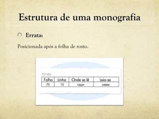 Estrutura de uma monografia
Errata:
Posicionada após a folha de rosto.
 