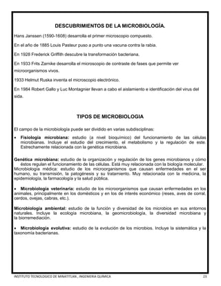 INSTITUTO TECNOLOGICO DE MINATITLAN , INGENIERIA QUÍMICA 23
DESCUBRIMIENTOS DE LA MICROBIOLOGÍA.
Hans Janssen (1590-1608) desarrolla el primer microscopio compuesto.
En el año de 1885 Louis Pasteur puso a punto una vacuna contra la rabia.
En 1928 Frederick Griffith descubre la transformación bacteriana.
En 1933 Frits Zarnike desarrolla el microscopio de contraste de fases que permite ver
microorganismos vivos.
1933 Helmut Ruska inventa el microscopio electrónico.
En 1984 Robert Gallo y Luc Montagnier llevan a cabo el aislamiento e identificación del virus del
sida.
TIPOS DE MICROBIOLOGIA
El campo de la microbiología puede ser dividido en varias subdisciplinas:
 Fisiología microbiana: estudio (a nivel bioquímico) del funcionamiento de las células
microbianas. Incluye el estudio del crecimiento, el metabolismo y la regulación de este.
Estrechamente relacionada con la genética microbiana.
Genética microbiana: estudio de la organización y regulación de los genes microbianos y cómo
éstos regulan el funcionamiento de las células. Está muy relacionada con la biología molecular.
Microbiología médica: estudio de los microorganismos que causan enfermedades en el ser
humano, su transmisión, la patogénesis y su tratamiento. Muy relacionada con la medicina, la
epidemiología, la farmacología y la salud pública.
 Microbiología veterinaria: estudio de los microorganismos que causan enfermedades en los
animales, principalmente en los domésticos y en los de interés económico (reses, aves de corral,
cerdos, ovejas, cabras, etc.).
Microbiología ambiental: estudio de la función y diversidad de los microbios en sus entornos
naturales. Incluye la ecología microbiana, la geomicrobiología, la diversidad microbiana y
la biorremediación.
 Microbiología evolutiva: estudio de la evolución de los microbios. Incluye la sistemática y la
taxonomía bacterianas.
 