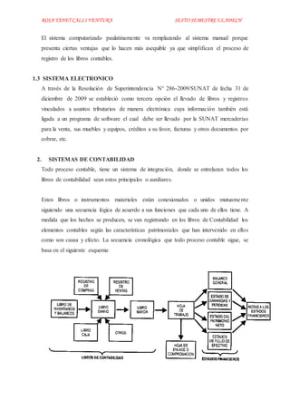 ROSA YANET CALLI VENTURA SEXTO SEMESTREULADECH
El sistema computarizado paulatinamente va remplazando al sistema manual porque
presenta ciertas ventajas que lo hacen más asequible ya que simplifican el proceso de
registro de los libros contables.
1.3 SISTEMA ELECTRONICO
A través de la Resolución de Superintendencia N° 286-2009/SUNAT de fecha 31 de
diciembre de 2009 se estableció como tercera opción el llevado de libros y registros
vinculados a asuntos tributarios de manera electrónica cuya información también está
ligada a un programa de software el cual debe ser llevado por la SUNAT mercaderías
para la venta, sus muebles y equipos, créditos a su favor, facturas y otros documentos por
cobrar, etc.
2. SISTEMAS DE CONTABILIDAD
Todo proceso contable, tiene un sistema de integración, donde se entrelazan todos los
libros de contabilidad sean estos principales o auxiliares.
Estos libros o instrumentos materiales están conexionados o unidos mutuamente
siguiendo una secuencia lógica de acuerdo a sus funciones que cada uno de ellos tiene. A
medida que los hechos se producen, se van registrando en los libros de Contabilidad los
elementos contables según las características patrimoniales que han intervenido en ellos
como son causa y efecto. La secuencia cronológica que todo proceso contable sigue, se
basa en el siguiente esquema:
 