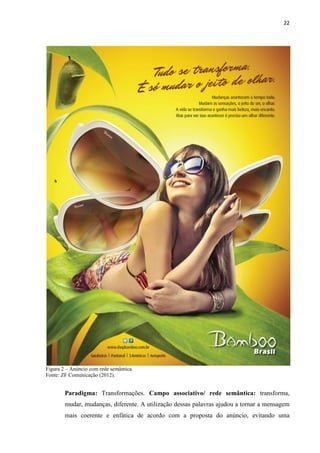 22
Figura 2 – Anúncio com rede semântica.
Fonte: ZF Comunicação (2012).
Paradigma: Transformações. Campo associativo/ rede semântica: transforma,
mudar, mudanças, diferente. A utilização dessas palavras ajudou a tornar a mensagem
mais coerente e enfática de acordo com a proposta do anúncio, evitando uma
 