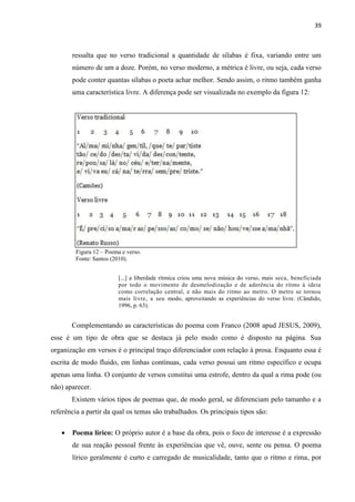 39
ressalta que no verso tradicional a quantidade de sílabas é fixa, variando entre um
número de um a doze. Porém, no verso moderno, a métrica é livre, ou seja, cada verso
pode conter quantas sílabas o poeta achar melhor. Sendo assim, o ritmo também ganha
uma característica livre. A diferença pode ser visualizada no exemplo da figura 12:
Figura 12 – Poema e verso.
Fonte: Santos (2010).
[...] a liberdade rítmica criou uma nova música do verso, mais seca, beneficiada
por todo o movimento de desmelodização e de aderência do ritmo à ideia
como correlação central, e não mais do ritmo ao metro. O metro se tornou
mais livre, a seu modo, aproveitando as experiências do verso livre. (Cândido,
1996, p. 63).
Complementando as características do poema com Franco (2008 apud JESUS, 2009),
esse é um tipo de obra que se destaca já pelo modo como é disposto na página. Sua
organização em versos é o principal traço diferenciador com relação à prosa. Enquanto essa é
escrita de modo fluido, em linhas contínuas, cada verso possui um ritmo específico e ocupa
apenas uma linha. O conjunto de versos constitui uma estrofe, dentro da qual a rima pode (ou
não) aparecer.
Existem vários tipos de poemas que, de modo geral, se diferenciam pelo tamanho e a
referência a partir da qual os temas são trabalhados. Os principais tipos são:
 Poema lírico: O próprio autor é a base da obra, pois o foco de interesse é a expressão
de sua reação pessoal frente às experiências que vê, ouve, sente ou pensa. O poema
lírico geralmente é curto e carregado de musicalidade, tanto que o ritmo e rima, por
 
