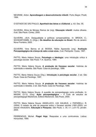 58



NEGRINE, Airton. Aprendizagem e desenvolvimento infantil. Porto Alegre: Prodil,
1994.


O ESTADO DE SÀO PAULO. Apartheid das letras e o Editorial. p. A3. Dez. 95.


OLIVEIRA, Zilma de Moraes Ramos de (org). Educação infantil: muitos olhares.
4.ed. São Paulo: Cortez, 2000.

OLIVEIRA, J.B.A. Desigualdade e políticas compensatórias. In: BROCK, C.;
SCHWARTZAMN, S. (Orgs.). Os desafios da educação no Brasil. Rio de Janeiro:
Nova Fronteira, 2005.


OLIVEIRA, Vera Barros et al; BOSSA, Nádia Aparecida (org). Avaliação
Psicopedagógica da criança de sete a onze anos. 2 ed. Petrópolis: Vozes, 1997.


PATTO, Maria Helena Souza. Psicologia e ideologia: uma introdução crítica à
psicologia escolar. São Paulo: T.A. Queiroz, 1984.


PATTO, Maria Helena Souza. A produção do fracasso escolar: histórias de
submissão e rebeldia. São Paulo: Casa do psicólogo, 1999.


PATTO, Maria Helena Souza (Org.). Introdução à psicologia escolar. 3 ed. São
Paulo: Casa do Psicólogo, 1997.


PATTO, Maria Helena Souza. A produção do fracasso escolar: histórias de
submissão e rebeldia. 2 ed. São Paulo: Casa do Psicólogo, 1999.


PATTO, Maria Helena Souza. A questão da psicopedagogia como profissão. In:
MASINI, E.F.S. (Org). Ação psicopedagógica – II Ciclo de estudos de
psicopedagogia Mackenzie, Editora Mackenzie. São Paulo, 2000.


PATTO, Maria Helena Souza; ANGELUCCI, A.B; KALMUS, J; PAPARELLI, R.
(2004). O estado da arte da pesquisa sobre o fracasso escolar (1991-2002): um
estudo introdutório. Educação e Pesquisa, São Paulo, v. 30, n.1, p.51-72, jan/abr.
2004.


PERRENOUD, Michel. Piaget Hoje: Respostas a uma controvérsia. Lisboa:
Horizontes, 1999.
 