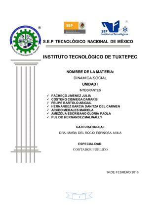 1
1 S.E.P TECNOLÓGICO NACIONAL DE MÉXICO
INSTITUTO TECNOLÓGICO DE TUXTEPEC
NOMBRE DE LA MATERIA:
DINAMICA SOCIAL
UNIDAD I
INTEGRANTES
 PACHECO JIMENEZ JULIA
 COSTEÑO CISNIEGA DAMARIS
 FELIPE BARTOLO ABIGAIL
 HERNANDEZ GARCIA DANITZA DEL CARMEN
 ARCEO MERALES MARIELA
 AMEZCUA ESCRIBANO GLORIA PAOLA
 PULIDO HERNANDEZ MALINALLY
CATEDRATICO (A):
DRA. MARIA DEL ROCIO ESPINOSA AVILA
ESPECIALIDAD:
CONTADOR PUBLICO
14 DE FEBRERO 2016
 