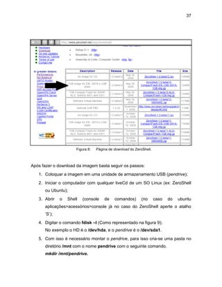 37
Figura 8: Página de download do ZeroShell.
Após fazer o download da imagem basta seguir os passos:
1. Coloquar a imagem em uma unidade de armazenamento USB (pendrive);
2. Iniciar o computador com qualquer liveCd de um SO Linux (ex: ZeroShell
ou Ubuntu);
3. Abrir o Shell (console de comandos) (no caso do ubuntu
aplicações>acessórios>console já no caso do ZeroShell aperte o atalho
„S‟);
4. Digitar o comando fdisk –l (Como representado na figura 9);
No exemplo o HD é o /dev/hda, e o pendrive é o /dev/sda1.
5. Com isso é necessário montar o pendrive, para isso cria-se uma pasta no
diretório /mnt com o nome pendrive com o seguinte comando.
mkdir /mnt/pendrive.
 