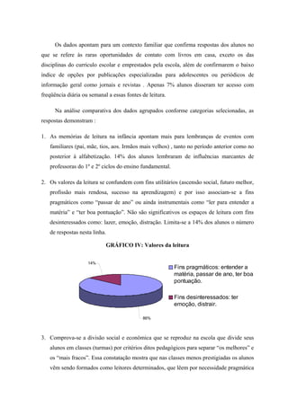 Os dados apontam para um contexto familiar que confirma respostas dos alunos no
que se refere às raras oportunidades de contato com livros em casa, exceto os das
disciplinas do currículo escolar e emprestados pela escola, além de confirmarem o baixo
índice de opções por publicações especializadas para adolescentes ou periódicos de
informação geral como jornais e revistas . Apenas 7% alunos disseram ter acesso com
freqüência diária ou semanal a essas fontes de leitura.

      Na análise comparativa dos dados agrupados conforme categorias selecionadas, as
respostas demonstram :

1. As memórias de leitura na infância apontam mais para lembranças de eventos com
   familiares (pai, mãe, tios, aos. Irmãos mais velhos) , tanto no período anterior como no
   posterior à alfabetização. 14% dos alunos lembraram de influências marcantes de
   professoras do 1º e 2º ciclos do ensino fundamental.

2. Os valores da leitura se confundem com fins utilitários (ascensão social, futuro melhor,
   profissão mais rendosa, sucesso na aprendizagem) e por isso associam-se a fins
   pragmáticos como “passar de ano” ou ainda instrumentais como “ler para entender a
   matéria” e “ter boa pontuação”. Não são significativos os espaços de leitura com fins
   desinteressados como: lazer, emoção, distração. Limita-se a 14% dos alunos o número
   de respostas nesta linha.

                            GRÁFICO IV: Valores da leitura


                    14%
                                                          Fins pragmáticos: entender a
                                                          matéria, passar de ano, ter boa
                                                          pontuação.

                                                          Fins desinteressados: ter
                                                          emoção, distrair.

                                            86%




3. Comprova-se a divisão social e econômica que se reproduz na escola que divide seus
   alunos em classes (turmas) por critérios ditos pedagógicos para separar “os melhores” e
   os “mais fracos”. Essa constatação mostra que nas classes menos prestigiadas os alunos
   vêm sendo formados como leitores determinados, que lêem por necessidade pragmática
 