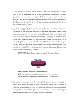 8. O auto-conceito de leitor dos alunos delineia-se pela idéia predominante de que ser
   leitor é não ter dificuldade em ler textos para estudar, compreender exercícios
   gramaticais , de matemática, de interpretação de textos e ler bem em voz alta, sem
   gaguejar e com boa pontuação. Consideram-se bons leitores, com essa conotação, 67%
   dos alunos (50% de 5ª e 50% de 8ª) e 33% se consideram maus leitores (22% de 5ª e
   78% de 8ª) pelo mesmo critério.

9. Quanto à concepção de leitor que têm das professoras , o critério predominante
   relaciona-se ao fato de que são professoras de português, portanto são leitoras, ou por
   estarem sempre com o livro nas mãos, recomendarem que leiam ou obrigarem-nos a
   ler. Na verdade, a condição de serem leitoras se alia à concepção de saberem explicar
   bem e serem boas professoras.92,8% assim avaliam. Ainda se alia a concepção de
   leitoras das professoras de português à fluência de falar bem e sem erros de português.
   Há 3,6% deles para os quais as professoras não são leitoras e todos alegam não saber
   por quê. Para outros 3,6% as professoras são leitoras por darem aulas diferentes com
   recursos que revelam dedicação à leitura.

           GRÁFICO V: Conceito dos alunos sobre as Professoras-leitoras



                                          3,6%     3,6%




                                                 92,8%



             Não são leitores (embora não saibam dizer por quê).
             São leitores por serem boas professoras, explicarem bem, falam bem.

             É leitora por dar aula diferente, com jornais e revistas, usar a biblioteca.



10. Em relação à contribuição da escola na formação de leitor dos alunos, a concepção se
   norteia pelo critério do papel do ensinar disciplinas, sendo mais freqüentes os
   conceitos: obrigatoriedade da leitura na escola, empréstimo de livros, posse de livros,
   preocupação em dar trabalhos para os alunos fazerem e com sua aprendizagem,
   oportunidades que cria de decorar jograis, estudar para melhorar.
 